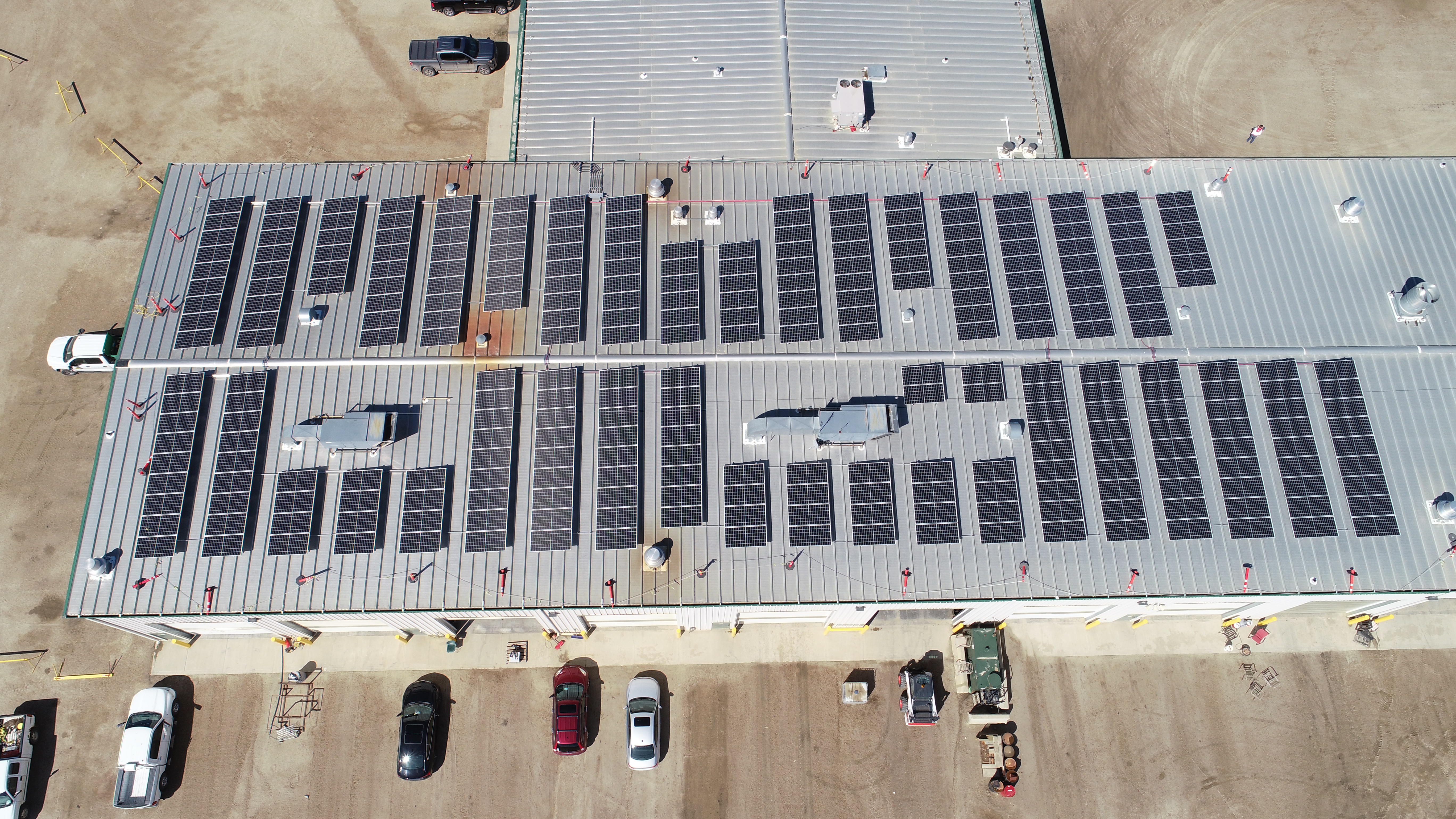 Aerial of solar panels on county shop